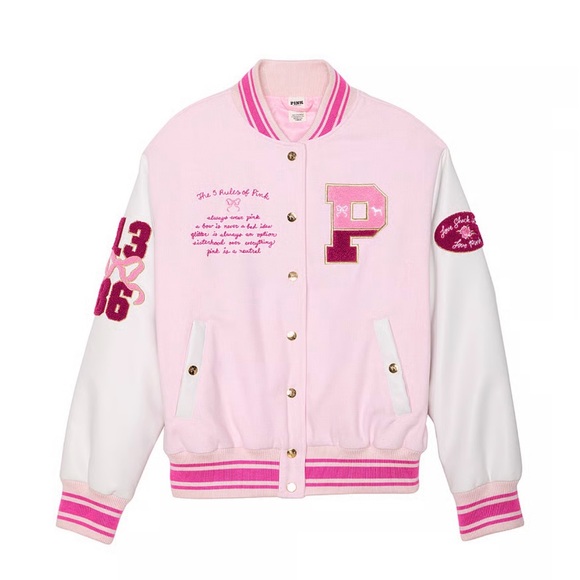 PINK X LOVESHACKFANCY REISSUED BOYFRIEND VARSITY JACKET NEW - Picture 1 of 9